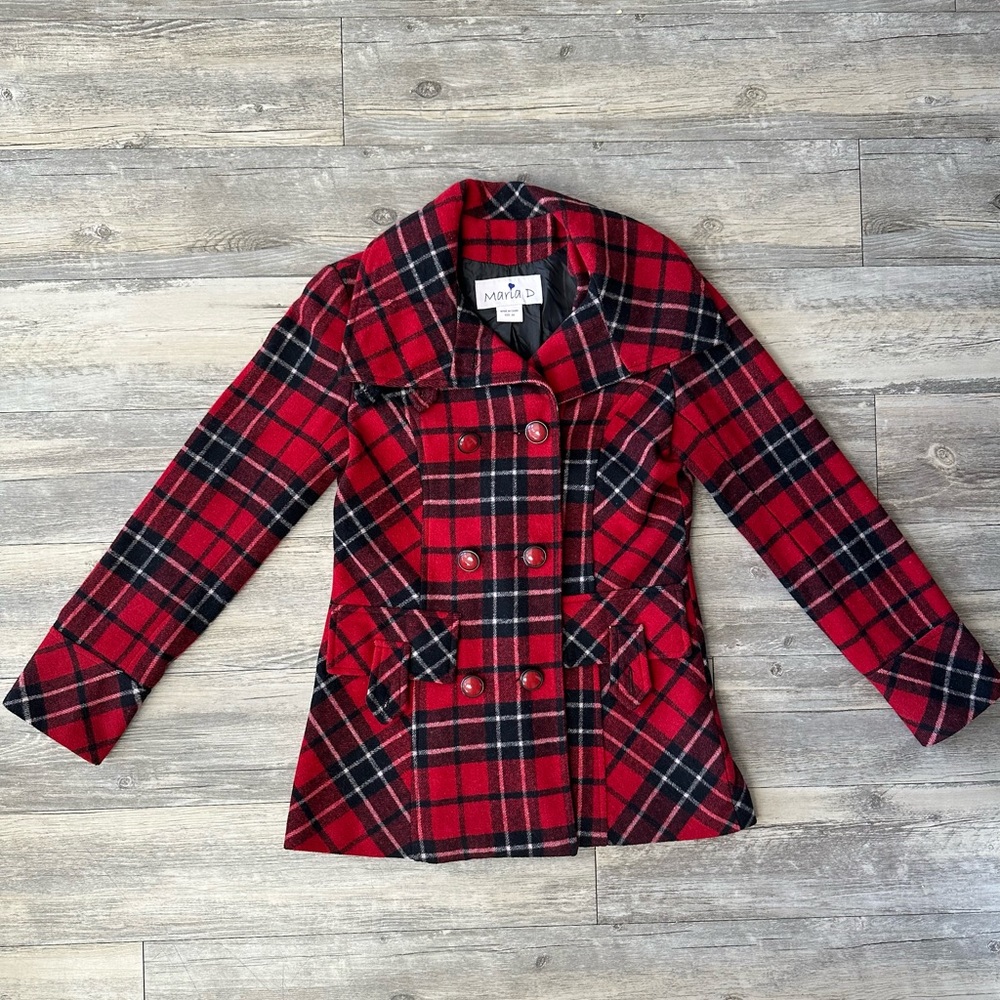 Maria D Red and Black Plaid Wool Double Breasted Pea Coat Women’s Size Medium